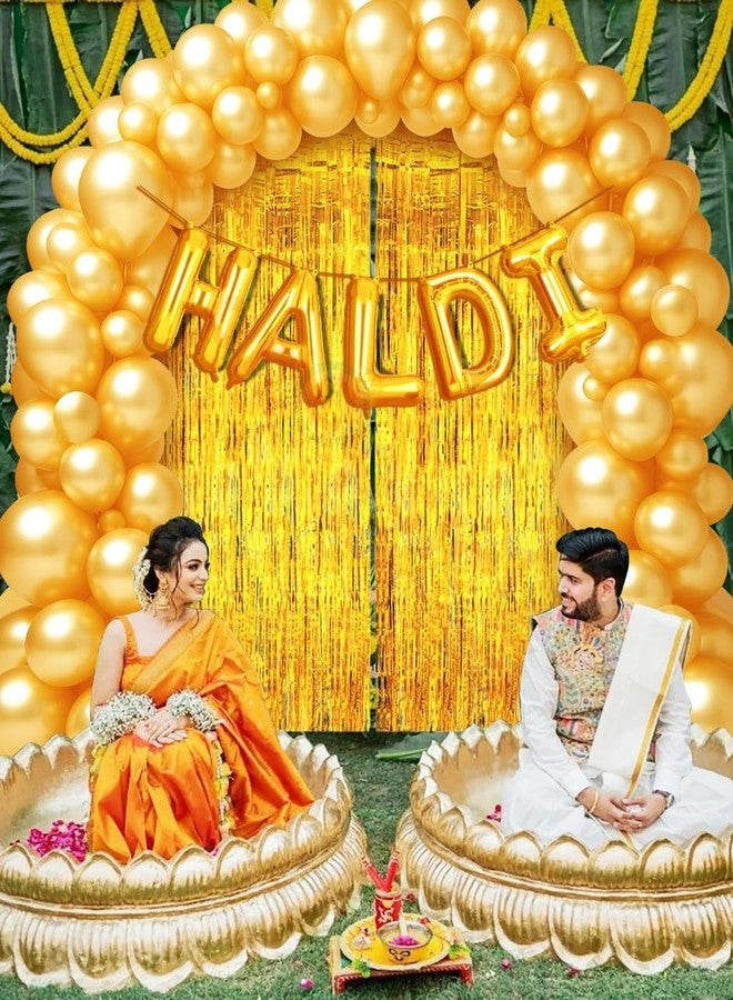 بروبسيكل مجموعة من 57 بالونًا ذهبيًا على شكل حرف "Haldi Bride to Be" مقاس 16 بوصة، بالإضافة إلى 50 بالونًا ذهبيًا وستارتين ذهبيتين، مثالية لتزيين حفلات توديع العزوبية وحفلات الزفاف. مصنوعة من رقائق معدنية. - Image 5